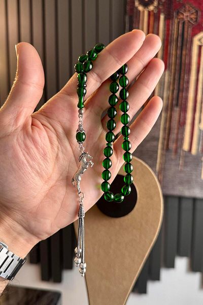 dergah tesbih Checkmate Series Ankle Length Silver Tassel Green Fire-I Amber