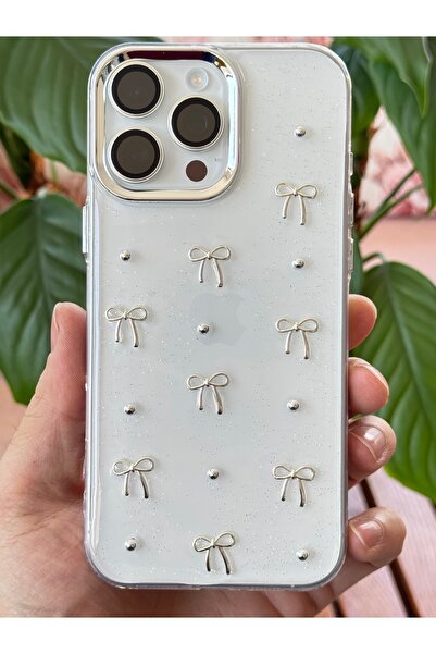 Fibaks Apple iPhone 11 Pro Max Case Bow Pattern Transparent Glitter Silver Camera Protruding Glossy Cover