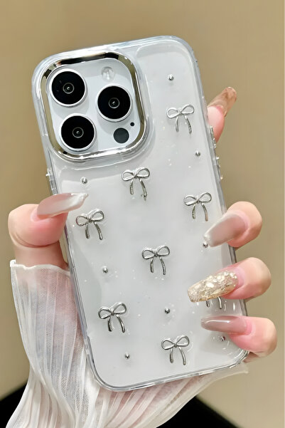 Fibaks Apple iPhone 12 Pro Max Kılıf Fiyonk Desenli Şeffaf Simli Gümüş Kamera Çıkıntılı Parlak Kapak