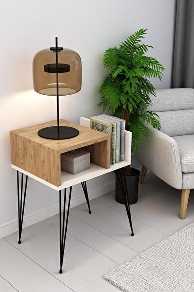 Modalanka Begonya Komodin Sehpa Yatak Yanı Sehpası Metal Ayak Çam-beyaz