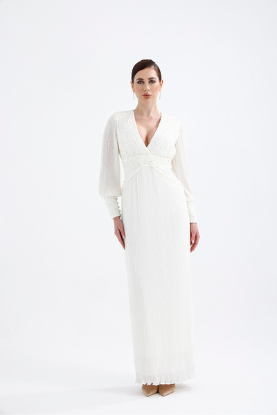 Atelier Pret 𝐒𝐀𝐌𝐈𝐑𝐀 Pliseli V Yaka Taş Işlemeli Şifon Abiye Elbise