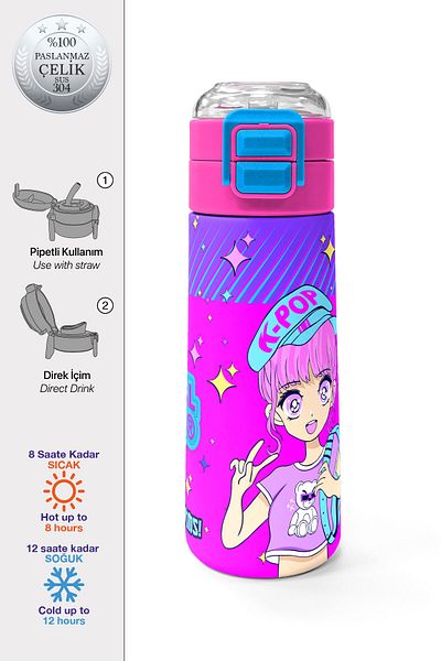 Coral High Kids Purple Pink Blue K-Poppatterned Steel Thermos with Straw and Direct Drinking 500 ml 31831