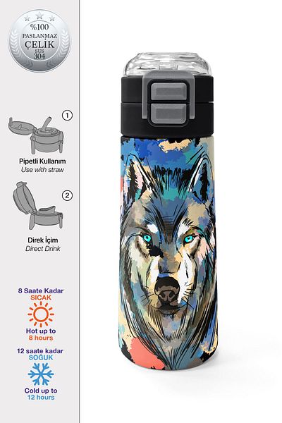 Coral High Kids Gray Black Wolf Patterned Steel Thermos with Straw and Direct Drinking 500 ml 31832