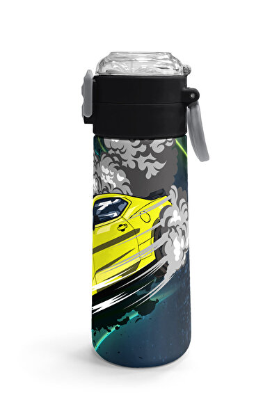 Coral High Kids Nefti Highlighter Yellow Car Patterned Steel Thermos with Straw and Direct Drinking 500 ml 31834