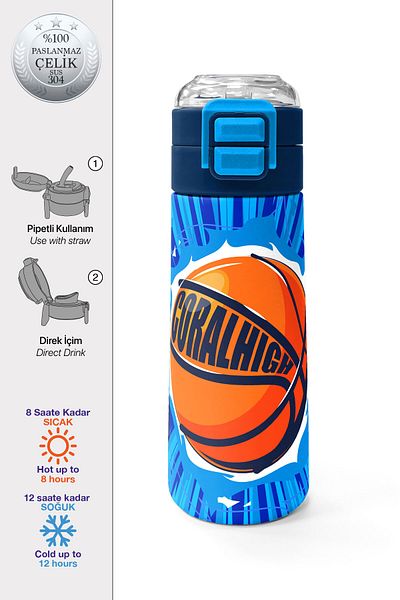 Coral High Kids Navy Blue Basketball Patterned Steel Thermos with Straw and Direct Drinking 500 ml 31833