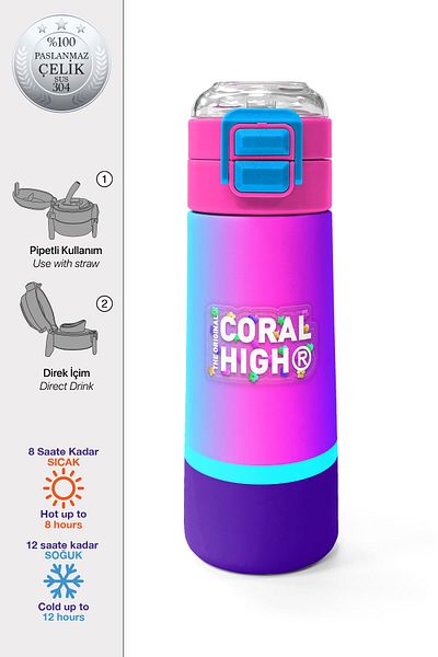 Coral High Kids Colorful Striped Straw and Direct Drinking Steel Thermos 500 ml 31836