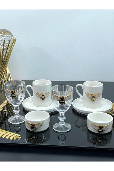 YzHome 2-Person Porcelain Bee Cup Set and 2-Piece Porcelain Bee Turkish Delight Cup and 2-Piece Glass Cup
