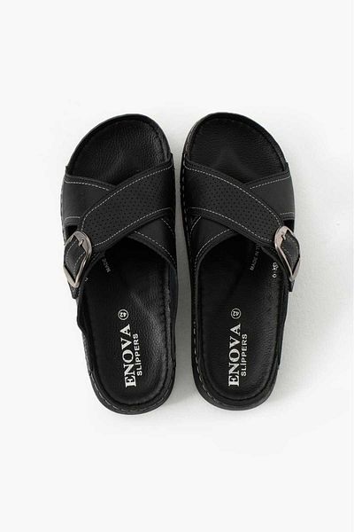 onexsports Ανδρική δερμάτινη (τεχνητή) ορθοπεδική άνετη σόλα με ρυθμιζόμενη πόρπη ραμμένη κομψές ανδρικές παντόφλες εξωτερικά