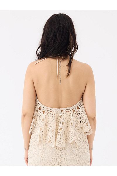 RİVUS Halter Neck Lace Crop Blouse - Beige