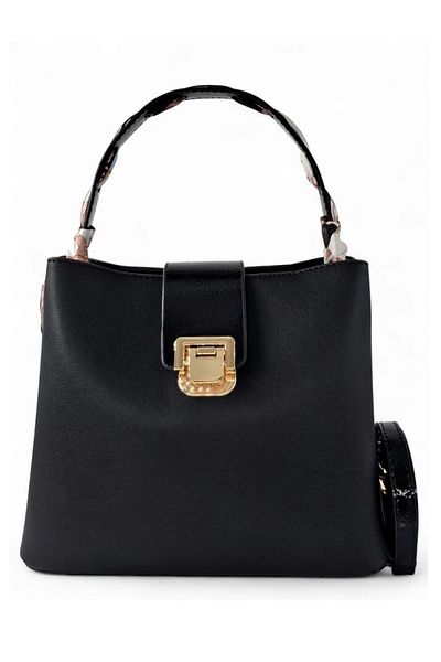 Evident Small Size Women's Hand and Shoulder Bag with Black Patent Leather and Lock Detail Scarf