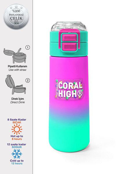 Coral High ترمس مياه وردي للأطفال باللون الأخضر المتغير مع القش والشرب المباشر من الفولاذ 500 مل 31838