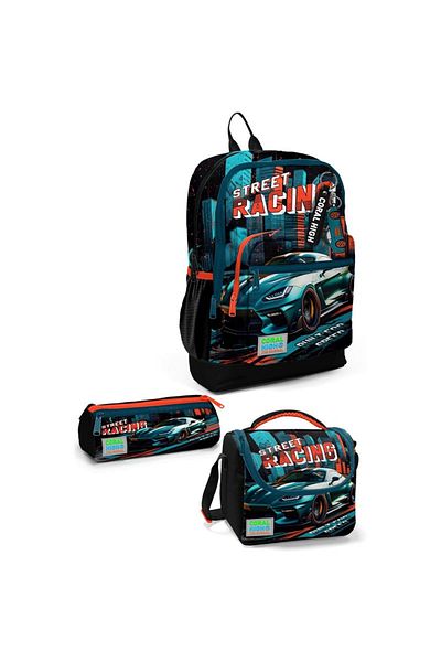 Yaygan Coral High Black Nefti Race Car Patterned 3-Piece School Bag Set