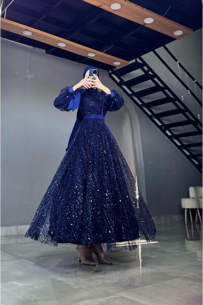 MERVEPLUME Plume Kolu Fiyonklu İşlemeli Kadın Tesettür Abiye