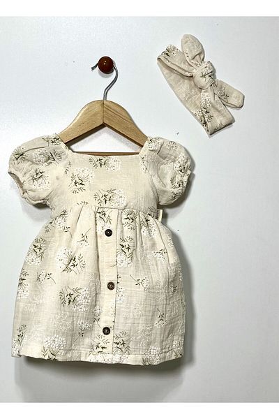 Kocaman Bebe Floral Patterned Bandana Linen Baby Girl Dress