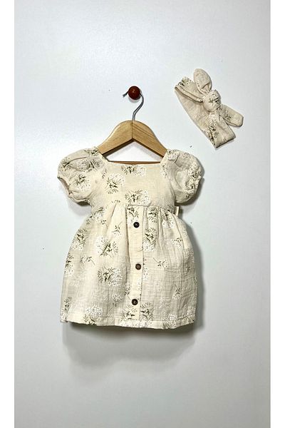 Kocaman Bebe Floral Patterned Bandana Linen Baby Girl Dress