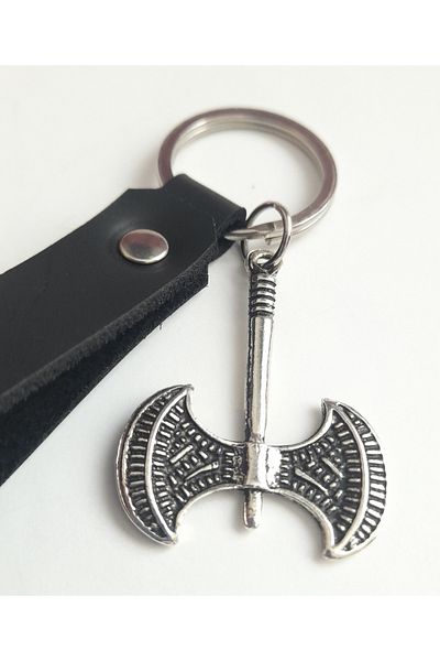 AB Takı Double Sided Axe Symbol Fashion Black Real Leather Keychain