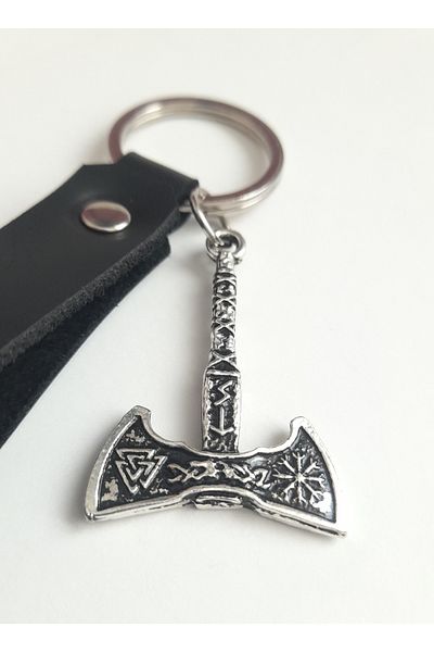 AB Takı Valknut Axe Symbol Fashion Black Real Leather Keychain