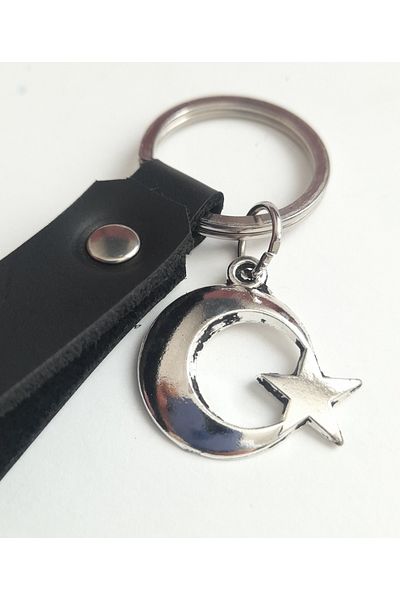 AB Takı Moon Star Turkey Symbol Fashion Black Real Leather Keychain