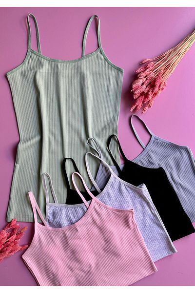 Elosia Libre Line |   Pack of 5 Black, Gray, Pink, Blue and Green Cotton Ribbed Thread Strap Tank-Blouse