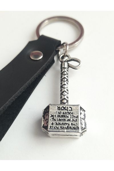 AB Takı Thor Hammer Axe Symbol Fashion Black Real Leather Keychain