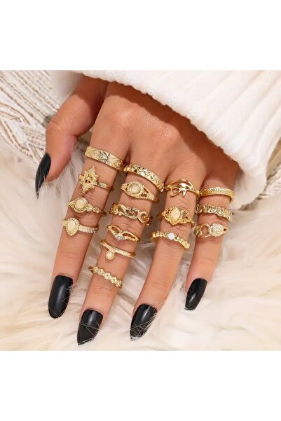 Perry Accesories 16 Adet Gold Renk Eklem Yüzük Seti Vıp Mineli Çoklu Kombin K...