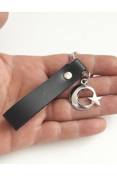 AB Takı Moon Star Turkey Symbol Fashion Black Real Leather Keychain