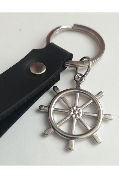 AB Takı Rudder Symbol Fashion Black Real Leather Keychain
