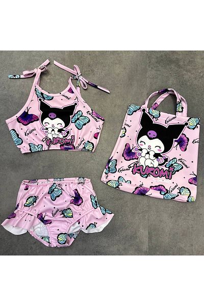 ARBİ kids Female Child Kuromi Submersible Fabric Quality Die Bagged Three-Piece Swimsuit Bikini Summer Vacation