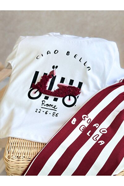 KidsSel New Season Girl's Cotton White Printed Tshirt and Burgundy Striped Trousers Set