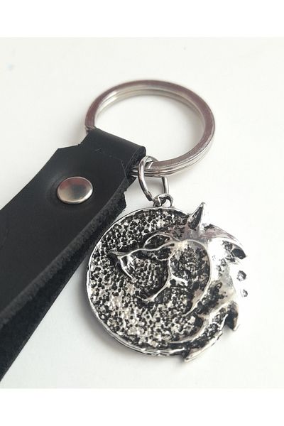 AB Takı Wolf Symbol Fashion Black Real Leather Keychain