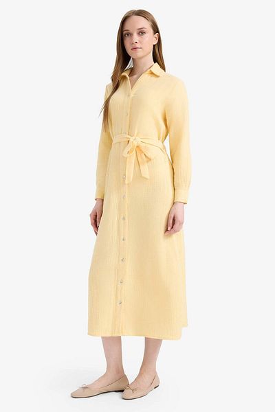 DeFacto Langärmliges Maxikleid aus Musselin mit Hemdkragen und Gürtel D9633AX25SM