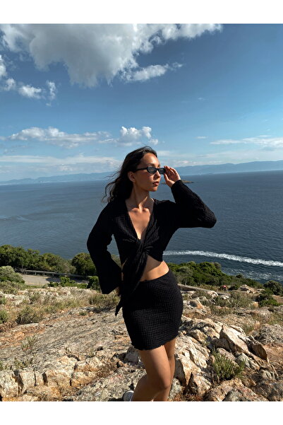 Clothesfast Mavera Black Tie-Up Textured Blouse Skirt Beach Suit Pareo