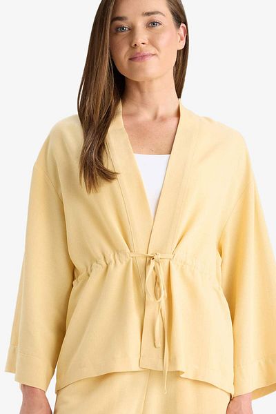 DeFacto Relax Fit V Neck Gathered Linen Blend Long Sleeve Shirt F6151Ax25Hs
