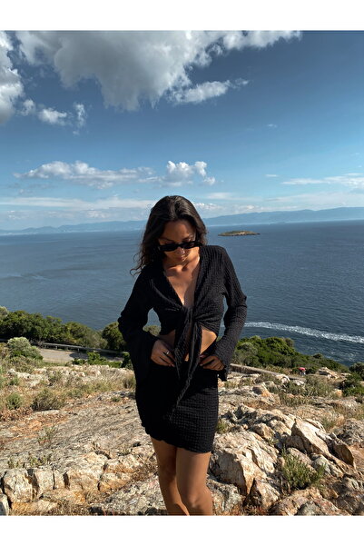 Clothesfast Mavera Black Tie-Up Textured Blouse Skirt Beach Suit Pareo