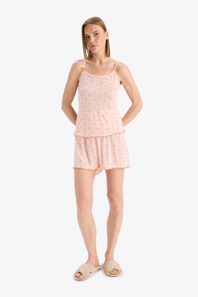 DeFacto Pyjama-Set mit normaler Passform, gemustertes Träger-Pyjama-Oberteil, Shorts mit flexibler Taille, Pyjamahose – Fall in Love F5774