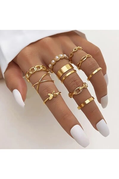 Perry Accesories مجموعة من 10 خواتم مفصلية ذهبية اللون VIP مجموعة خواتم نسائي...