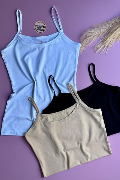 VicTroy Elytra Model |   3-Piece Black, White and Tan Extra Piping Rope Strap Tank-Blouse