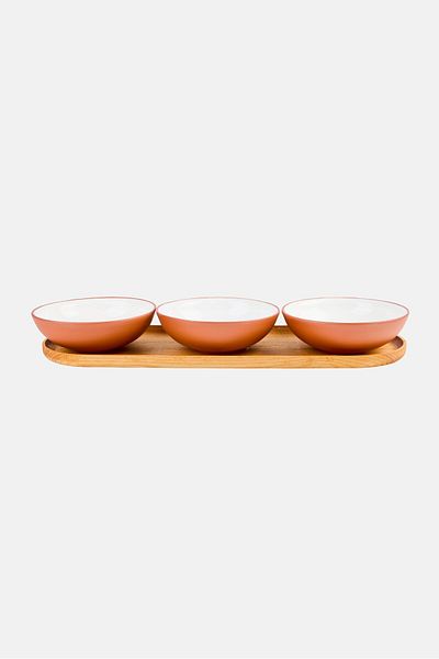 Earth 3 Pcs Small Serving Bowls And Wooden Tray Set 200 ml, Brown