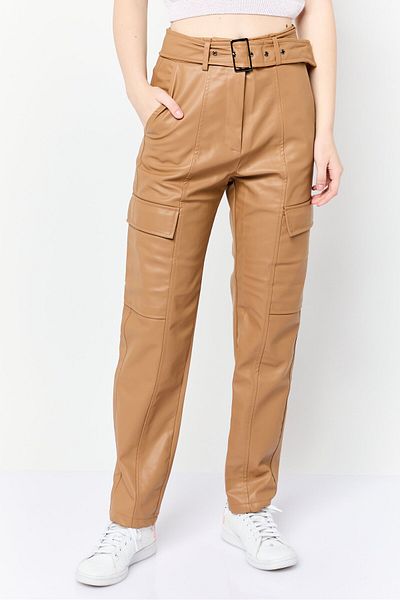 Esprit Women Regular Fit Plain Belted Faux Leather Cargo Pants, Tan