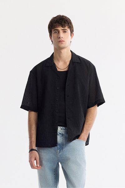 Avva Men's Black Apaj Collar Transparent Short Sleeve Shirt A51Y2131