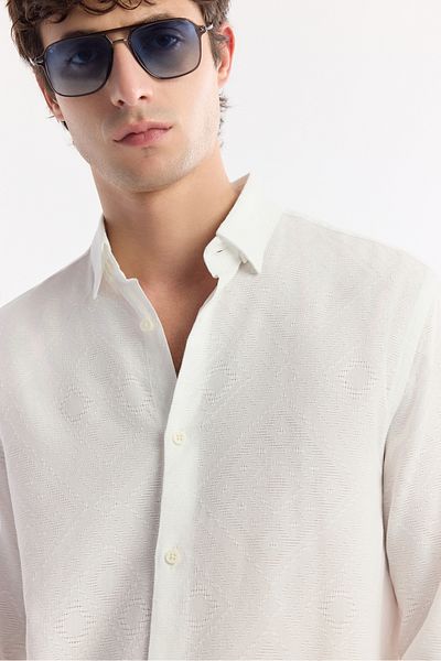 Avva Men's White Bottom Brit Collar Viscose Blended Jacquard Shirt A51Y2044