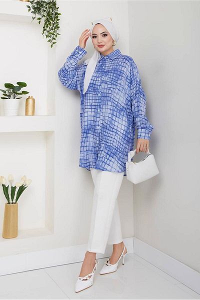 TRENDTESETTÜR ΓΥΝΑΙΚΕΙΟ ΣΚΟΥΡΟ ΜΠΛΕ (INDIGO) ΒΑΜΒΑΚΙ ΜΕ ΣΧΕΔΙΟ TUNIC T 4046