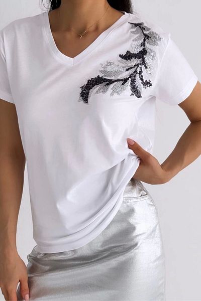 Bİ.GİYSEN Women's Plus Size White V-Neck Shoulder Sequin Embroidered Cotton Fabric Short Sleeve Buluz