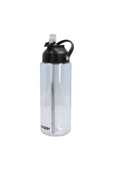 Generic smash Stainless Steel and Plastic Water Bottle with Straw Silver and Black 1 Liter