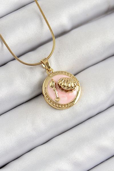 Clariss 316L Steel Chain Pink Enamel Artistic Portrait Oyster Model Gold Color Women's Necklace