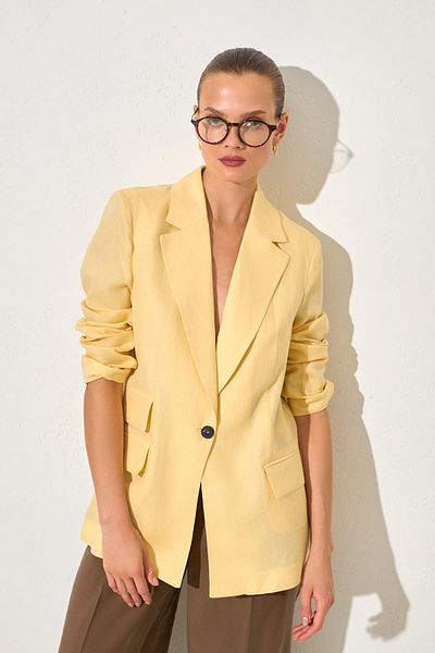 Setre Butter Yellow 100% Linen Pocket Detailed Asymmetric Closure Jacket