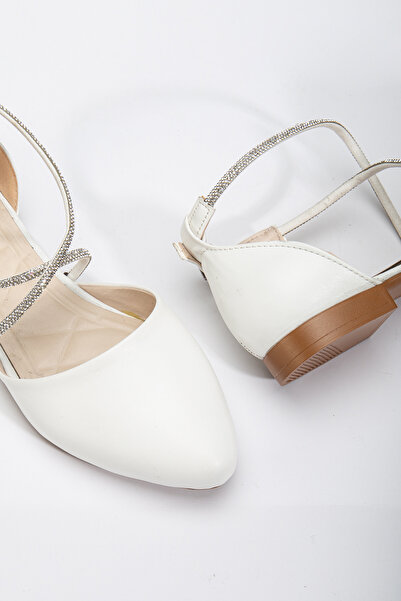 Tonny Black Women's White Cross Stone Rope Detailed Ankle Strap Ballerinas