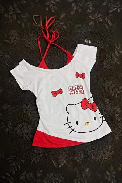 Karakedi Beyaz Hello Kitty Ek Askılı Y2K Kısa Kollu Crop