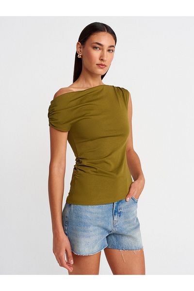 Dilvin 31885 Asymmetrical Gathered Top-Dark Green