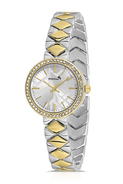 Polo Air ساعة يد نسائية فاخرة بنمط حجر البقلاوة لون ذهبي وفضي PL-1537B3x